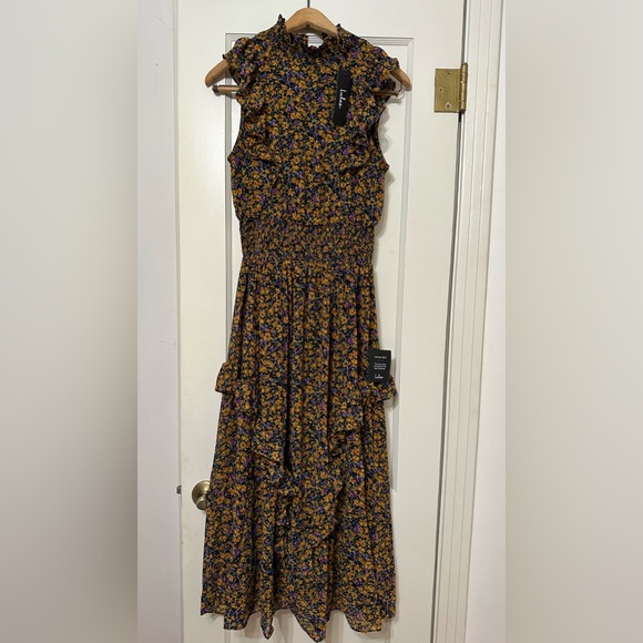 evalina navy blue floral print mock neck midi dress Lulus XS Evalina Navy Blue Floral Print Mock Neck Midi Dress